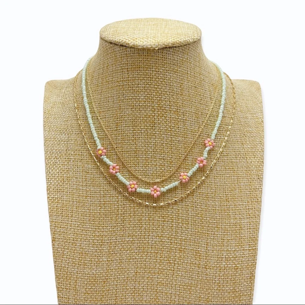 BP. Layered Mint Green Daisy Bead Necklace Set Of 3